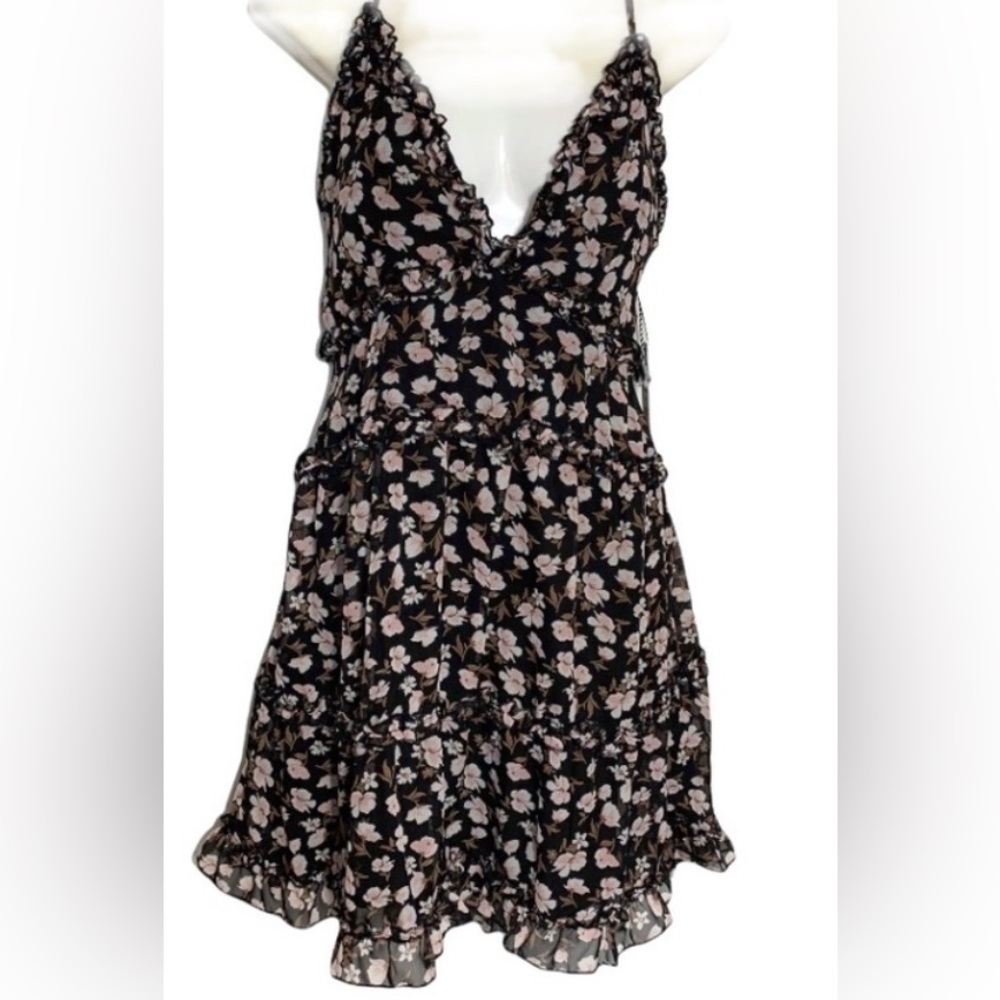 Elegant Black Floral Dress with ruffle Accents